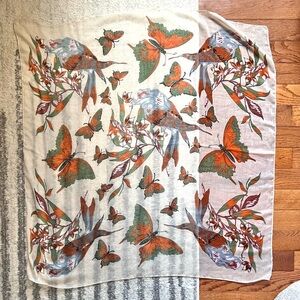 Vintage Floral Bird & Butterfly Print Scarf – 40x40” Square